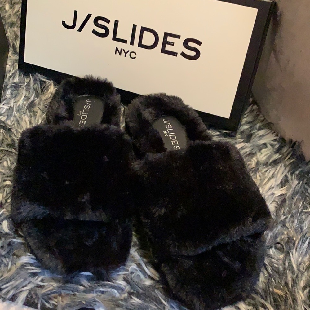 J/Slides black furry slippers, soft insole